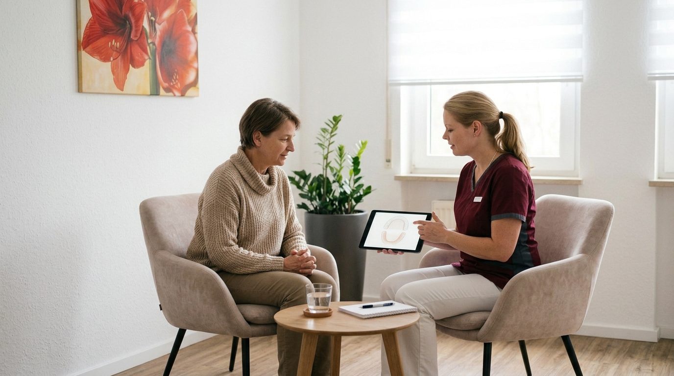 Beratungsgespräch beim ersten Termin: Eine Mitarbeiterin erklärt einer Patientin den Befund am Tablet