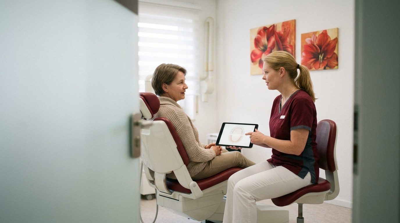 Ruhiges Gespräch vor der Behandlung: Eine Mitarbeiterin erklärt einer Patientin im Behandlungsstuhl den Ablauf am Tablet